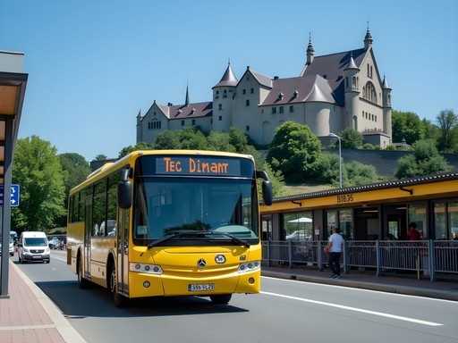 TEC bus arriving at Dinant station with citadel visible in background