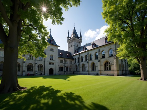 The peaceful grounds of Maredsous Abbey near Dinant, Belgium