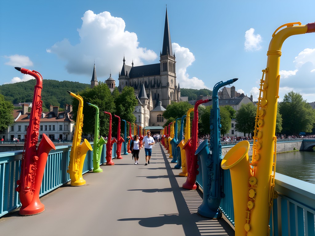 Mason crossing the Charles de Gaulle Bridge with colorful saxophone sculptures in Dinant