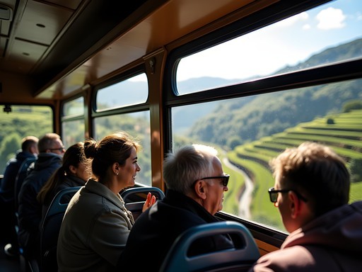 Local bus traveling through rural Douro Valley landscape with passengers observing vineyard views