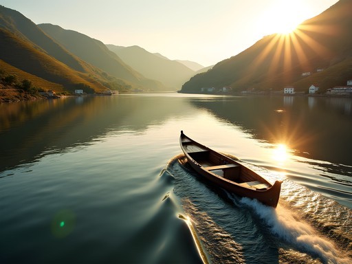 Traditional rabelo boat cruising on Douro River with terraced vineyards and quintas visible on hillsides