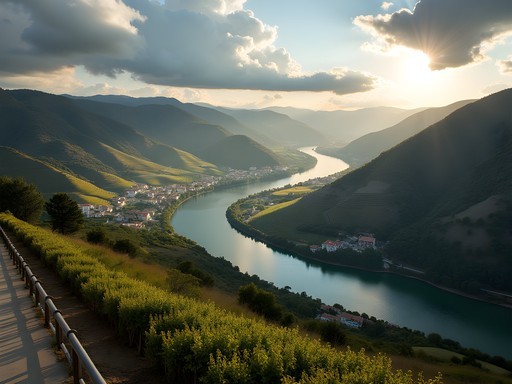 Panoramic view of Douro Valley's winding river and terraced vineyards from scenic roadside viewpoint