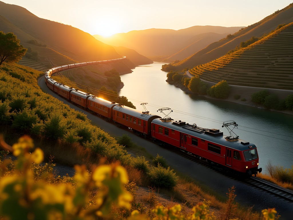 Historic train traveling along Douro River with terraced vineyards rising on hillsides