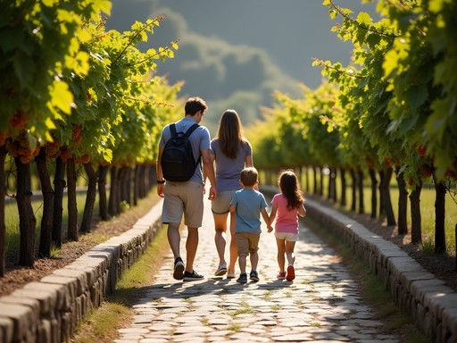 Family walking on traditional schist path between vineyards in Douro Valley
