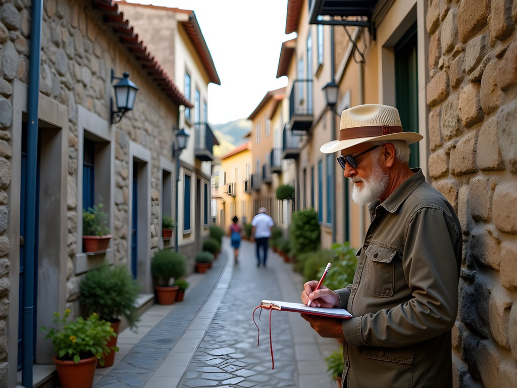 Travel blogger exploring traditional stone village in Douro Valley with notebook