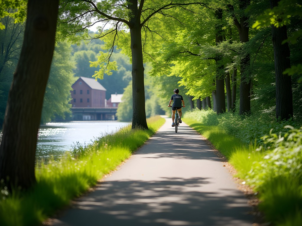 Tree-shaded cycling path along the Cochecho River in Dover