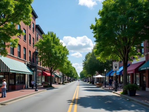 Tree-lined historic street in downtown Dover with brick buildings