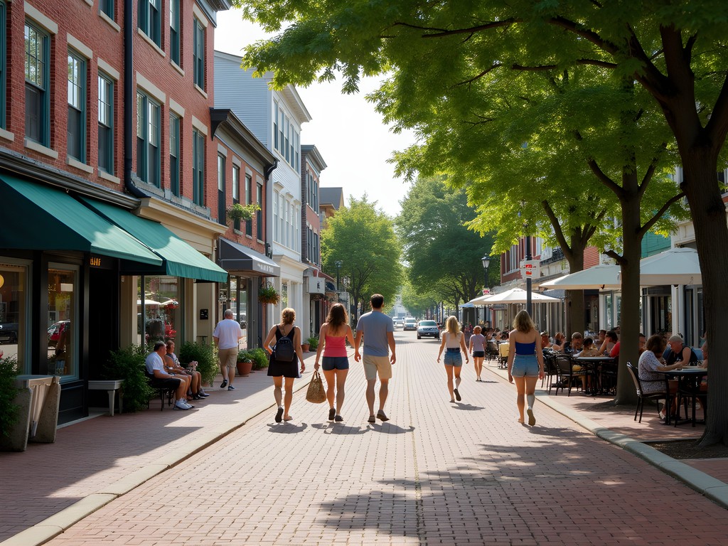 Pedestrian-friendly street scene in downtown Dover with shops and cafes