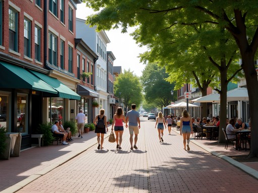 Pedestrian-friendly street scene in downtown Dover with shops and cafes