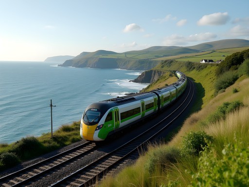 DART train traveling along Dublin Bay with coastal scenery