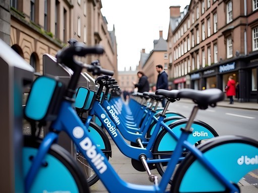 Dublin Bikes station near Trinity College with historic buildings