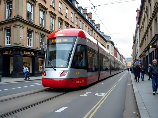 Luas tram crossing through central Dublin with historic architecture