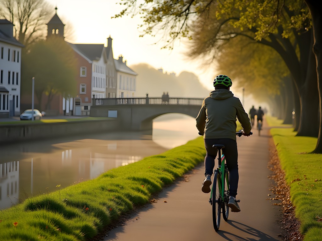 Traveler cycling along Dublin's Grand Canal cycle path