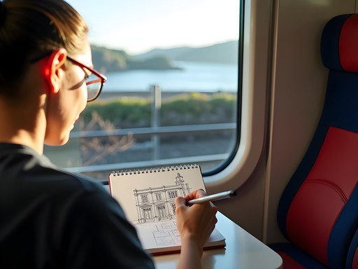 Traveler sketching Dublin architecture from DART train