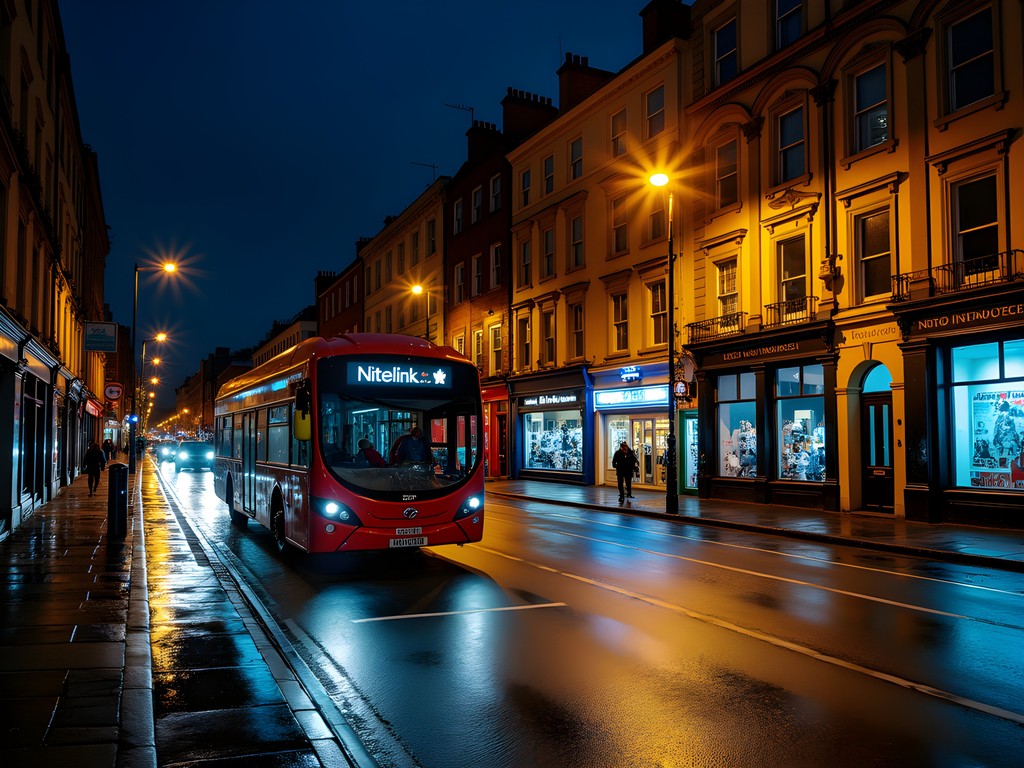 Dublin city center at night with Nitelink bus visible
