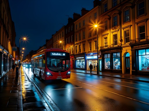 Dublin city center at night with Nitelink bus visible