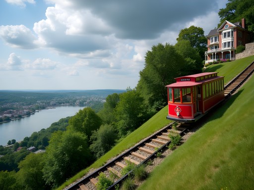 Historic Fenelon Place Cable Car ascending bluff in Dubuque Iowa with Mississippi River view