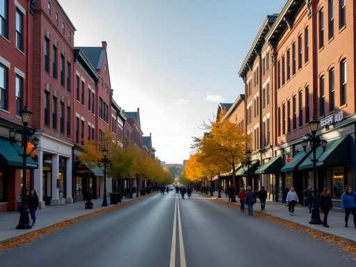 Historic Main Street in downtown Dubuque Iowa with brick buildings and fall decorations