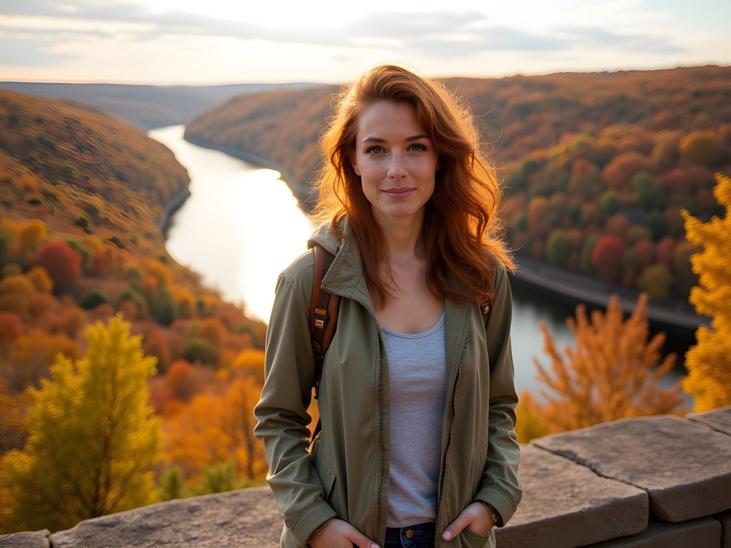Woman with red hair at scenic Mississippi River overlook in Dubuque Iowa during autumn