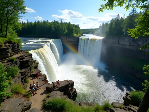Family exploring the multiple tiers of Gooseberry Falls on Minnesota's North Shore