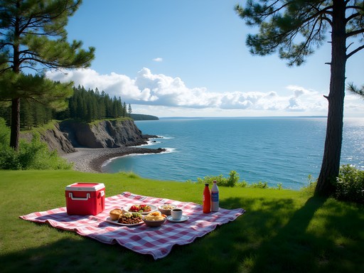 Family enjoying lakeside picnic with Lake Superior view along North Shore Drive