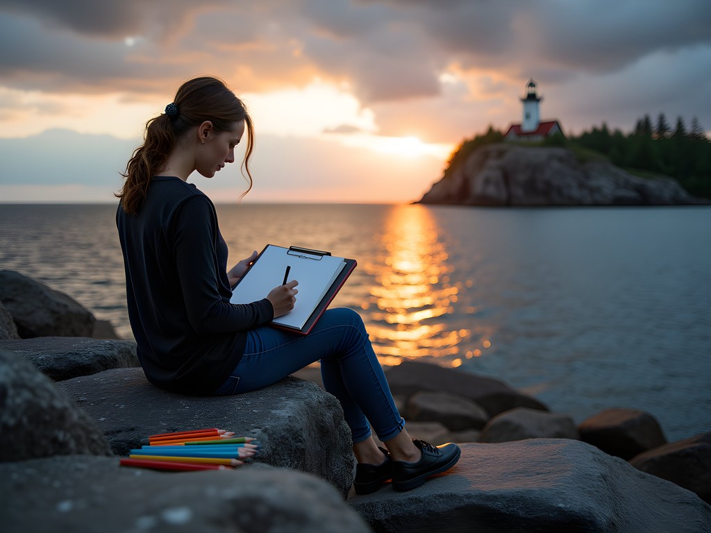 Travel blogger sketching geological formations at Split Rock Lighthouse State Park