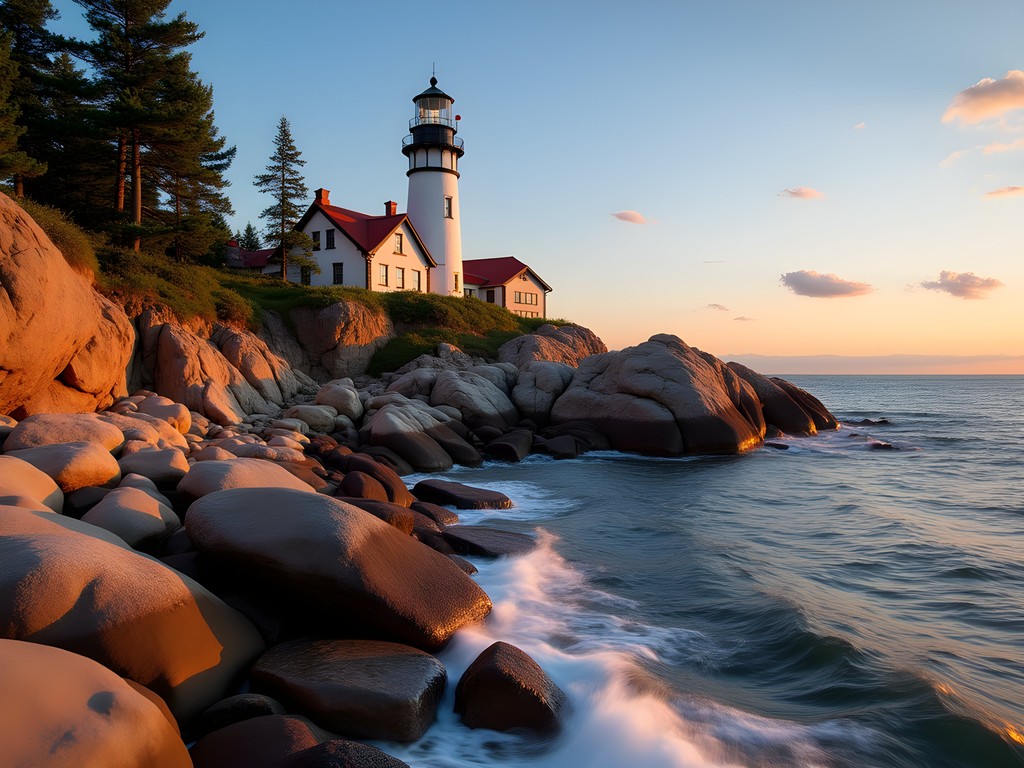 Historic Split Rock Lighthouse perched on cliff at sunset along Minnesota's North Shore