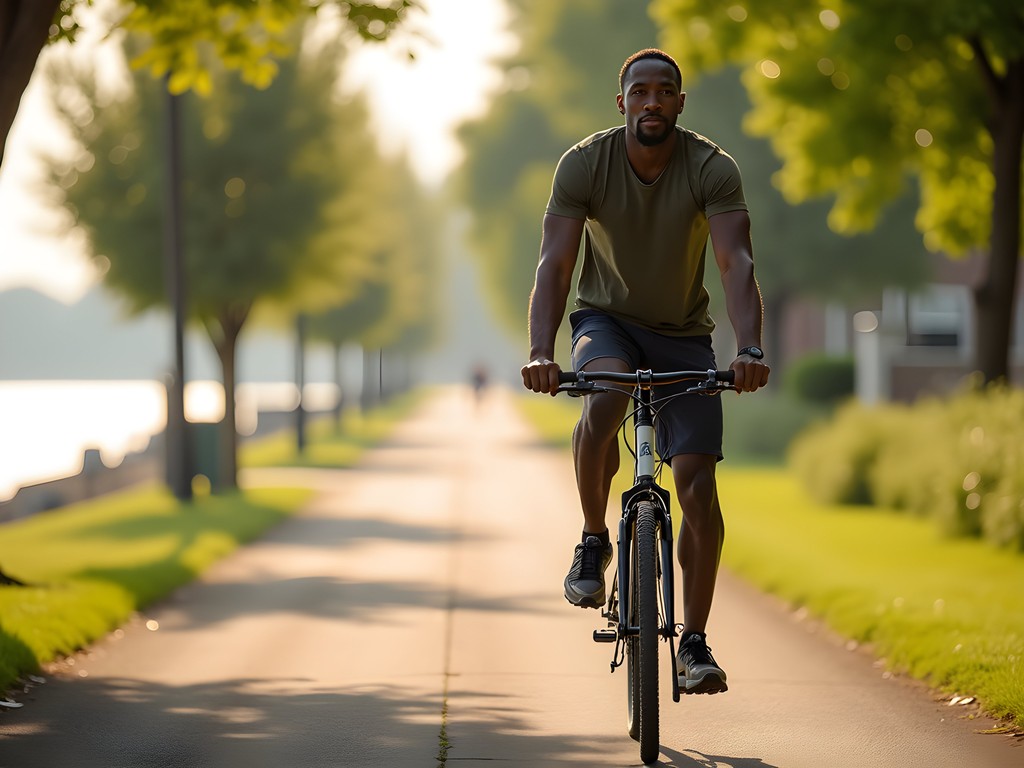 African American man cycling on East Bay Bike Path in East Providence during summer