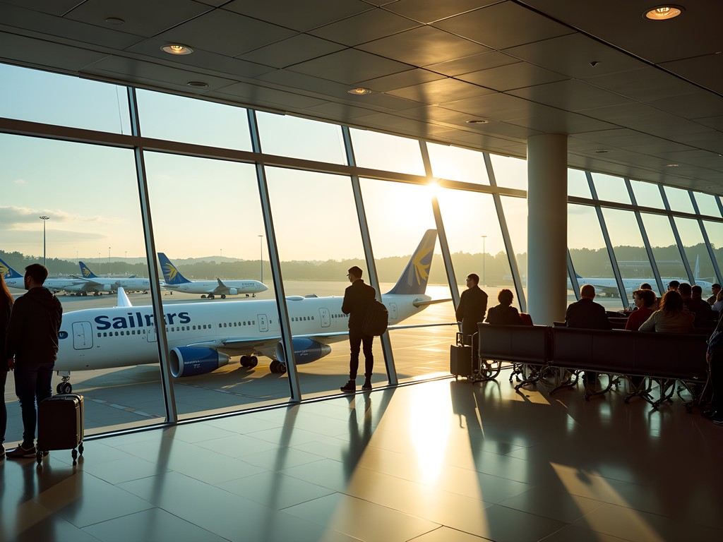 Edinburgh Airport international departure lounge with views of aircraft and Scottish countryside
