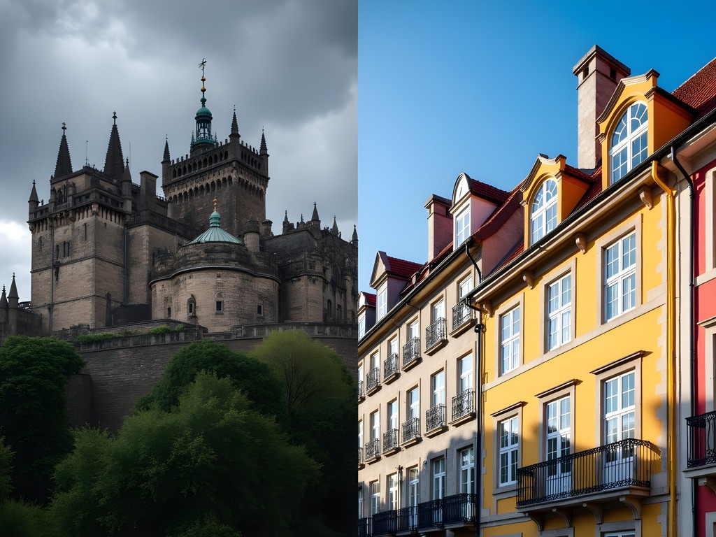 Split image showing Edinburgh's stone Gothic architecture contrasted with Lisbon's colorful Baroque buildings