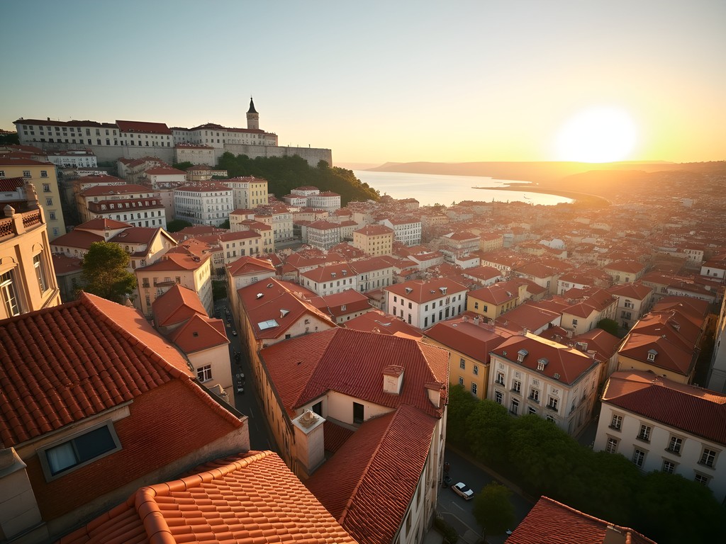 Panoramic view of Lisbon's Alfama district at sunset from Portas do Sol viewpoint