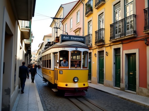 Vintage yellow Tram 28 navigating narrow streets in Lisbon's Alfama district