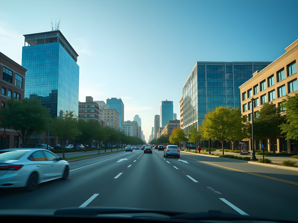 Business district in Edison, New Jersey with office buildings and light traffic