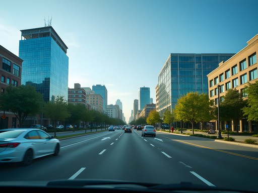 Business district in Edison, New Jersey with office buildings and light traffic