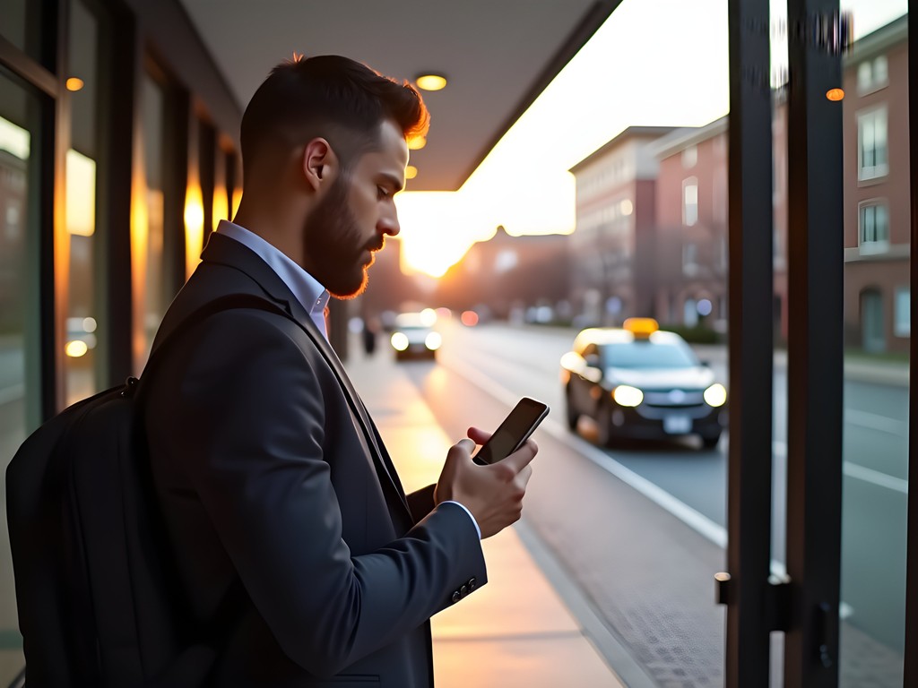 Business traveler using rideshare app outside Edison hotel