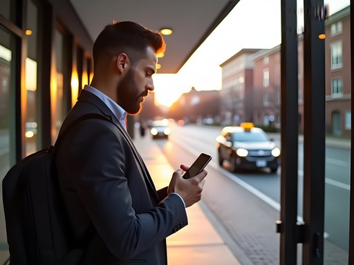 Business traveler using rideshare app outside Edison hotel