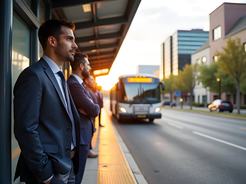 NJ Transit bus stop in Edison with business professionals waiting