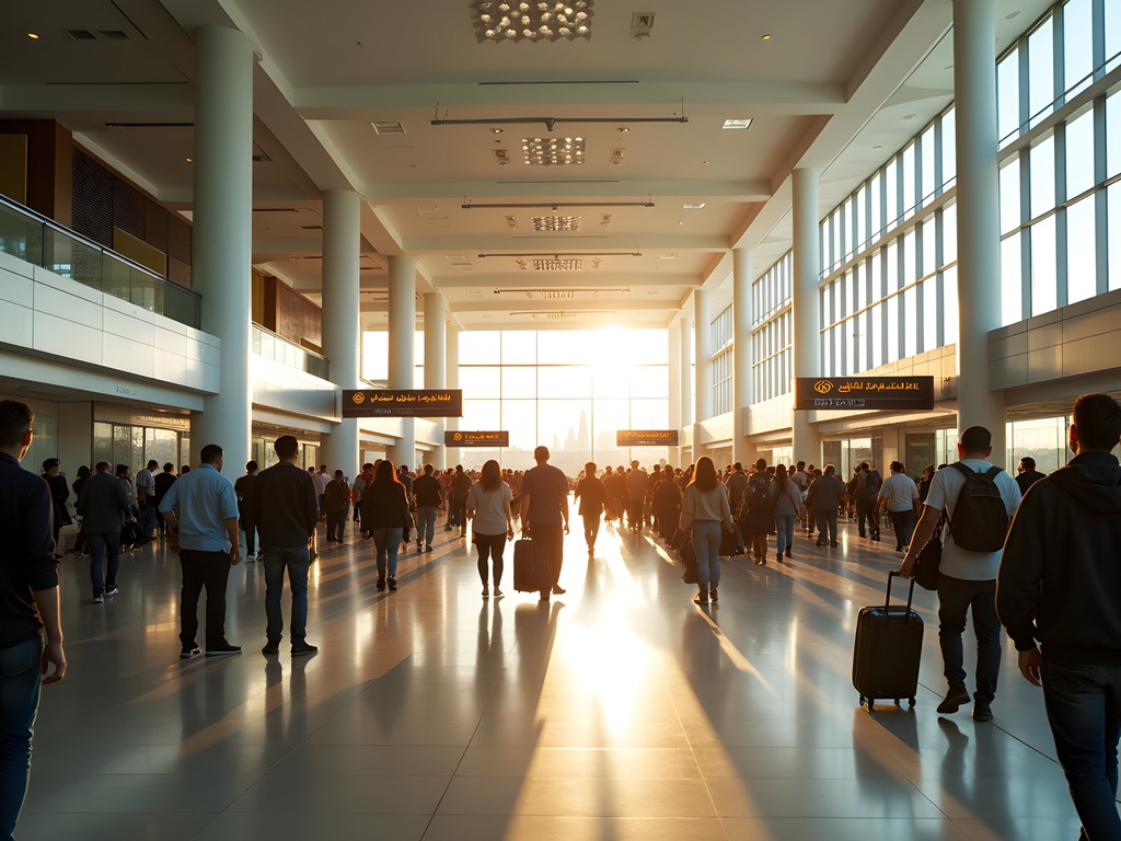 Interior of Cairo International Airport Terminal 2 with travelers waiting for connections