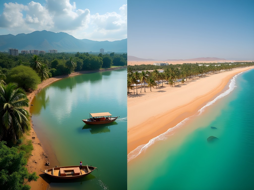 Split image showing contrast between Lake Victoria shoreline in Entebbe and Red Sea coast in Hurghada