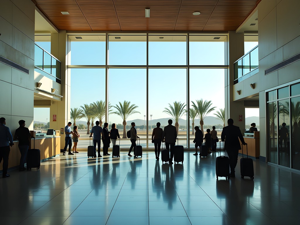 Hurghada International Airport arrival area with travelers exiting to transportation options