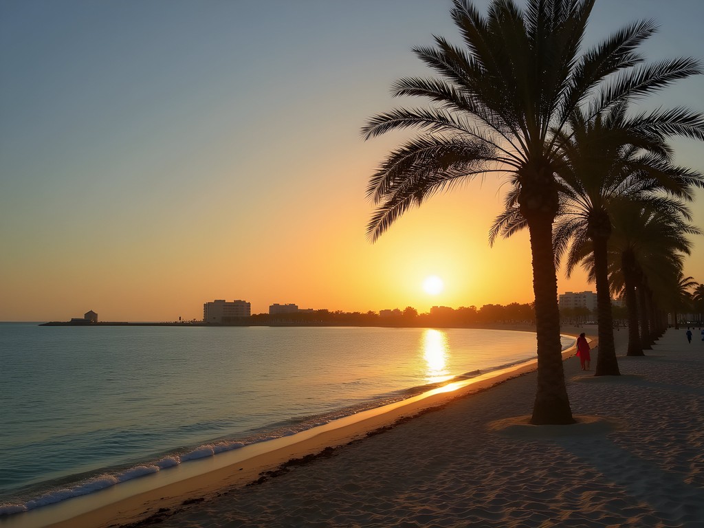 Sunset over the Red Sea coastline in Hurghada with palm trees silhouetted against orange sky