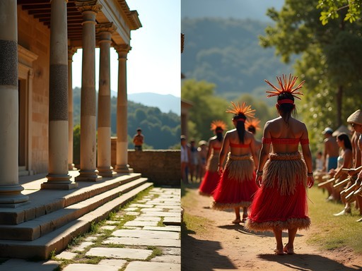 Split image showing Ephesus ruins and Davao tribal cultural performance