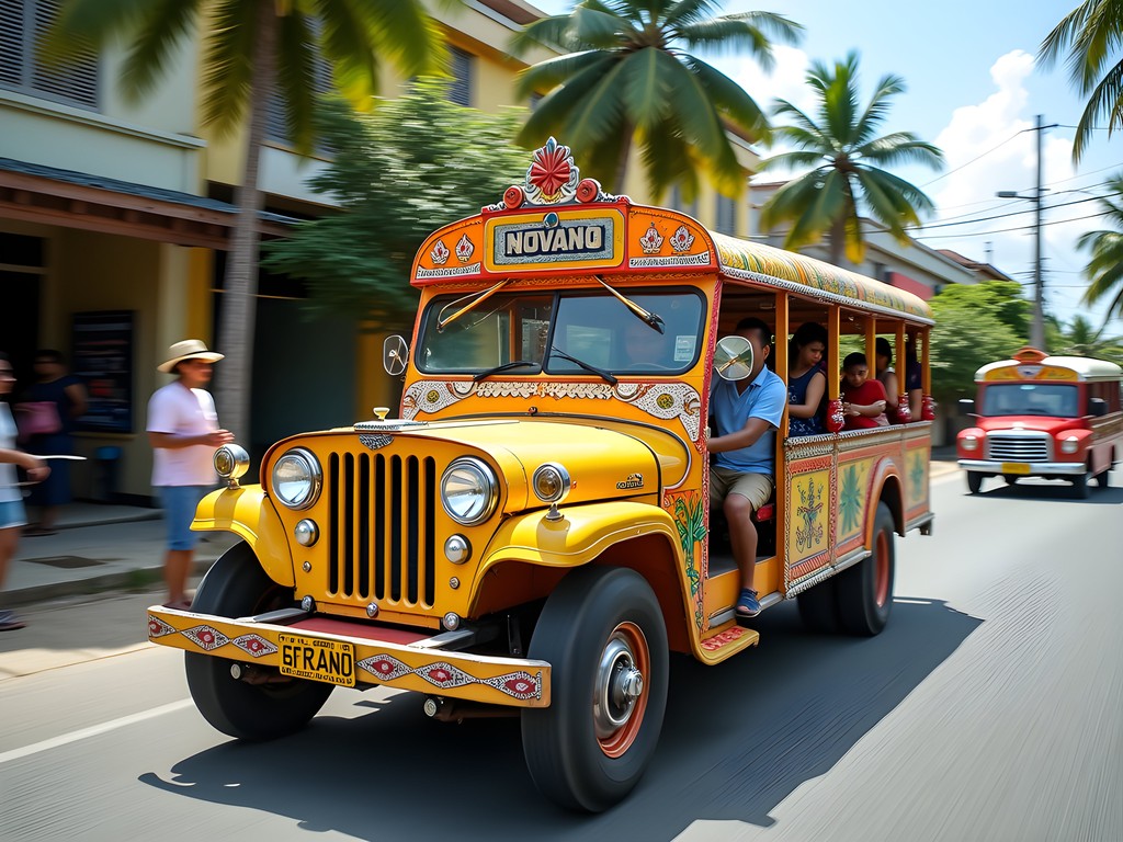 Colorful Davao jeepney with passengers and tropical background