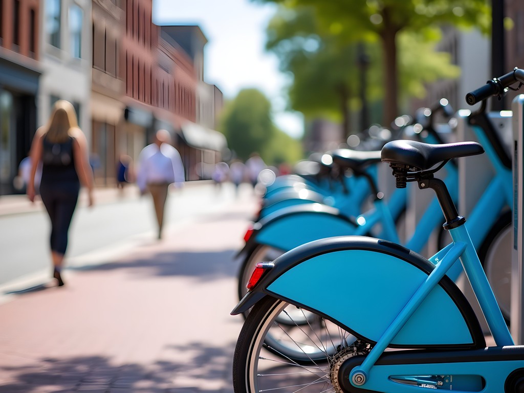 Bike Erie rental station in downtown Erie with historic buildings in background