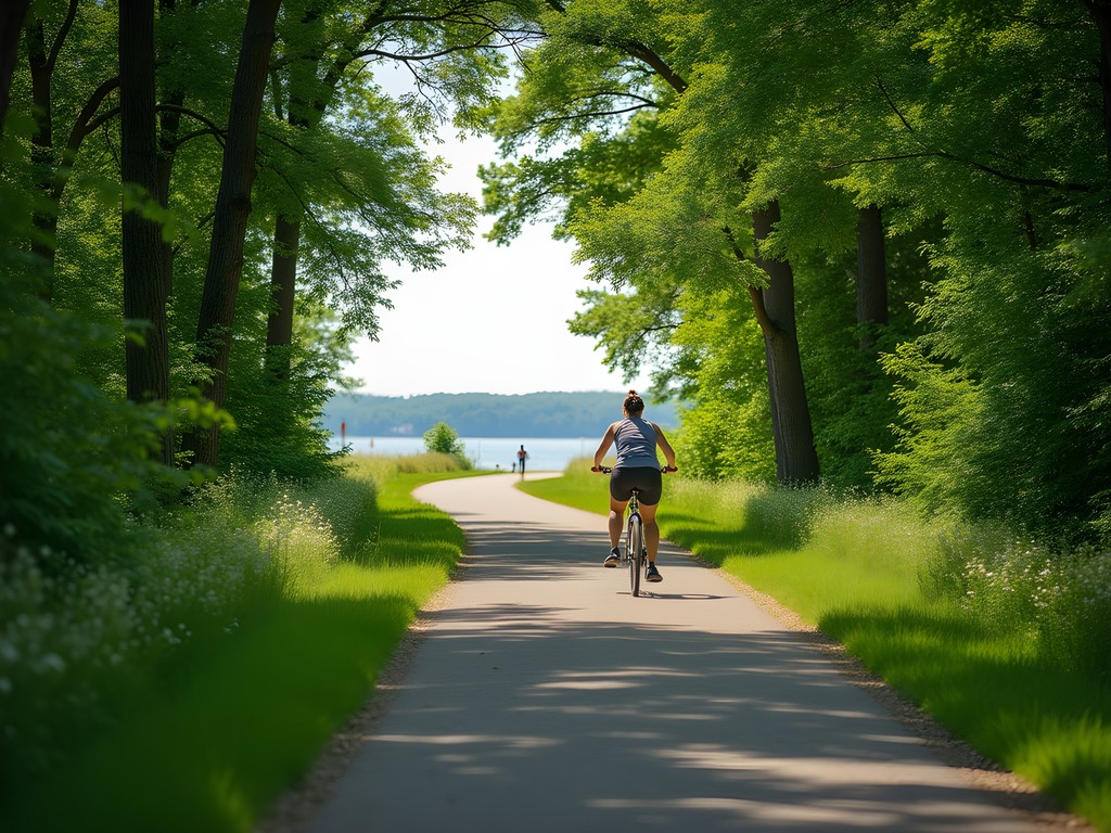 Woman biking on Presque Isle State Park trail with Lake Erie views