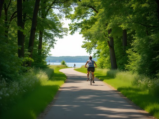Woman biking on Presque Isle State Park trail with Lake Erie views
