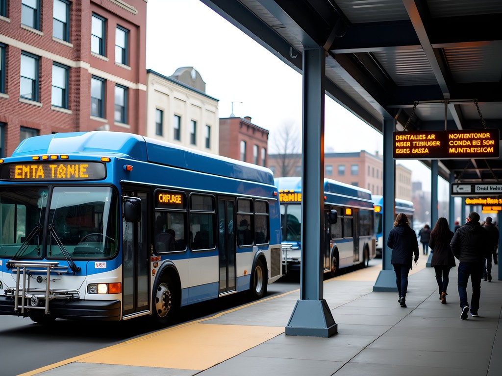 Downtown Erie Transit Center with multiple buses and passengers