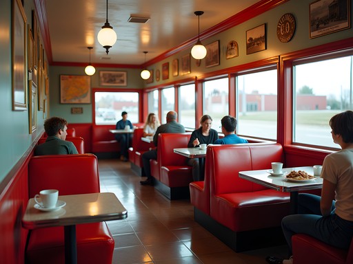 Interior of Jody's Diner with Lincoln Highway memorabilia on the walls in Evanston, Wyoming