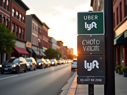 Rideshare pickup zone in downtown Evansville with historic architecture