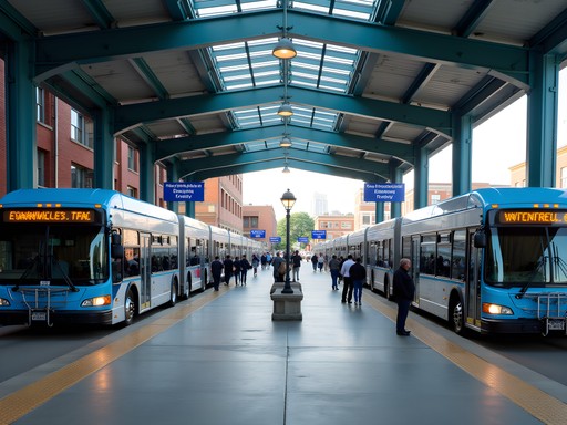 METS downtown transfer terminal with multiple buses and route information